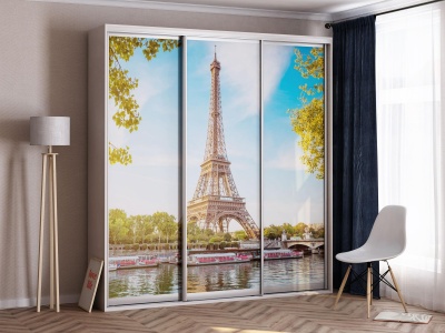 Белый шкаф-купе в гостиную №235 с изображением эйфелевой башней на заказ